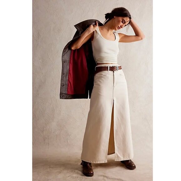 Free People Come As You Are Denim Mid Rise Maxi Skirt in Wisp Sz 10
